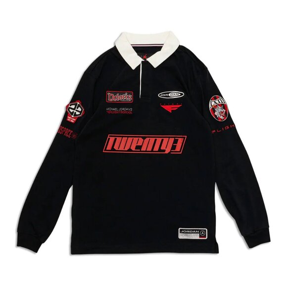 Air Jordan Essentials Long Sleeve Rugby Shirt Black Red BRED HF9323-010 M 1 2 3 - Picture 1 of 14